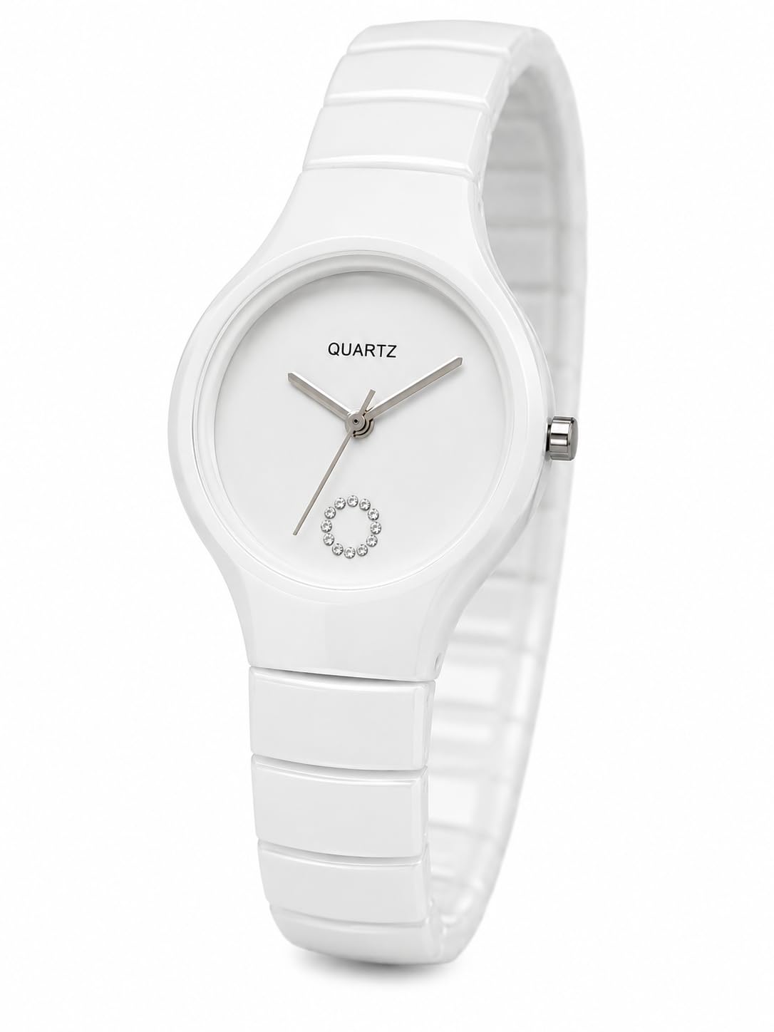White Analog Watch for Women, Quartz Wrist Timepiece with White Ceramic Look Bracelet Strap, Ladies Wristwatch, Minimal Round Dial, Crystal Accent, Luxury Inspired Gift for Girls & Ladies-image-6