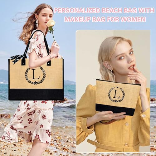 Image of GhvyenntteS Personalized Tote Bags for Women - Initial Jute Tote Bag & Makeup Bag, Birthday Gifts for Women Bridal Wife Mom Grandma Teacher Friend