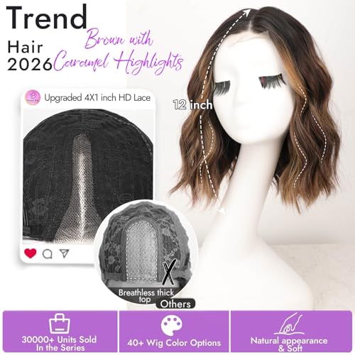 Image of Eawwii Wigs for Women Brown Caramel Highlight,Wavy Synthetic Lace Wig | Glueless 4x1 Lace Hairline,Heat-Resistant Fiber,Short Bob Wave Style,Natural Appearance for Everyday Cosplay 12Inch
