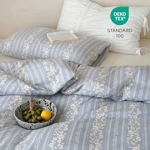 Lanqinglv Bettwäsche 155x220 Blau Weiß Blumen Blätter Wendebettwäsche – Ansicht 2
