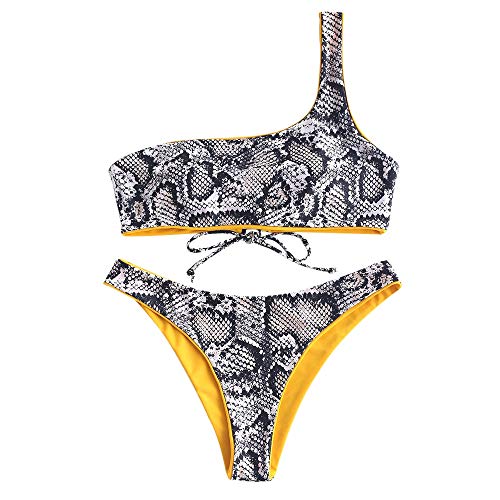 ZAFUL Women's Snakeskin Leopard Reversible Bikini Set Swimsuit Two Piece One Shoulder Swimwear Mustard
