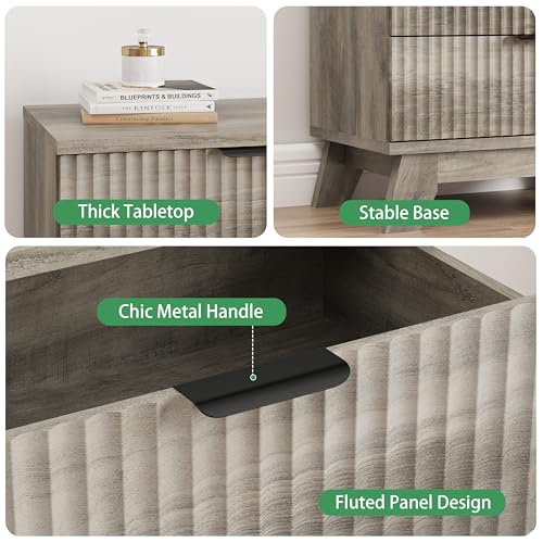 Image of Xixini Fluted Nightstand, 31.5 inch Wide Side Table with 4 Large Storage Drawers, Mid Century Modern Wood Night Stand with Metal Handle, Wooden Bedside End Table for Bedroom, Grey