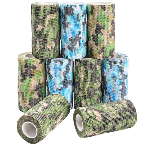 Image of AZEN 9 Pack Camo Self Adhesive Bandage Wrap, 4 inch X 5 Yards Elastic Cohesive Bandage Wrap, Athletic Tape, Tattoo Tape Wrap, Vet Wrap, Ankle Tape (Camo)