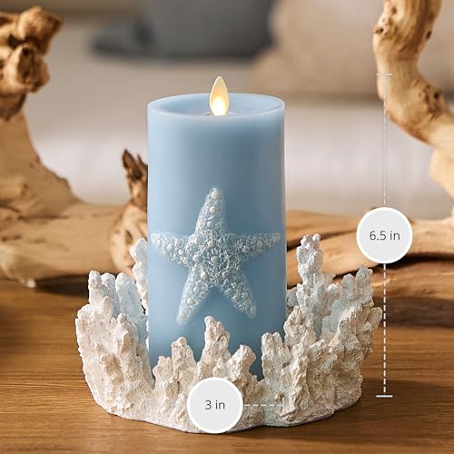 Image of Luminara Embossed Starfish Flameless LED Candle Moving Flame Pillar, Unscented Real Wax with Recessed Edge- 3 inch x 6.5 inch (Chambray)