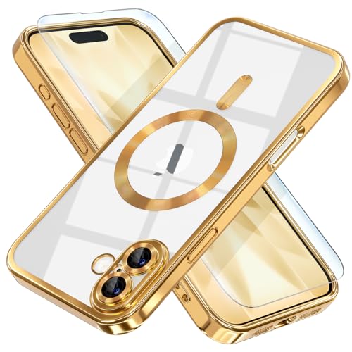 Image of Misea Magnetic for iPhone 17 Case Compatible with MagSafe Gold | [Never Yellowing] [Military Drop Protection] Full Camera Lens Protector Plating Soft Clear Phone Case for Women, Gold
