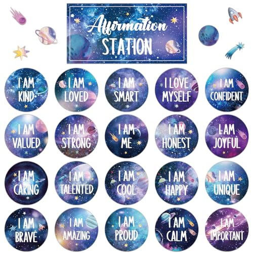 Image of Outer Space Affirmation Station Bulletin Board Set Positive Bulletin Board for Classroom Growth Mindset Decoration Inspirational Motivational Accent Cutouts for Home School Teacher Wall Mirror Supply