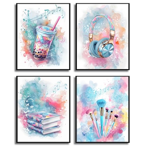 4 Pcs Tween Teen Girls Bedroom Wall Art Watercolor Pictures Teenager Music Lovers Posters Wall Decor Printing Makeup Brushes Boba Tea Headphones Books prints for Girl Dorm Bedroom 8x10in Poster