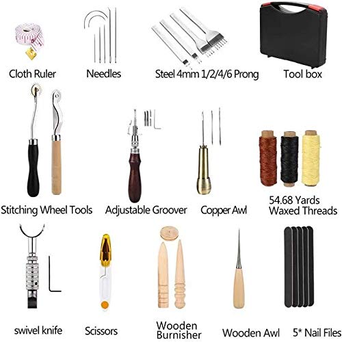 Kit de herramientas for manualidades de cuero, herramientas de costura a mano, materiales for tallar sillas de cuero con caja de herramientas de cuero Maquinaria y Accesorios