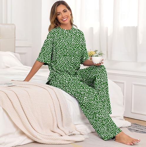 Image of PrinStory Womens Pajamas Sets 2 Piece Lounge Set Short Sleeve Tops and Long Pants Soft Pjs Loungewear with Pockets