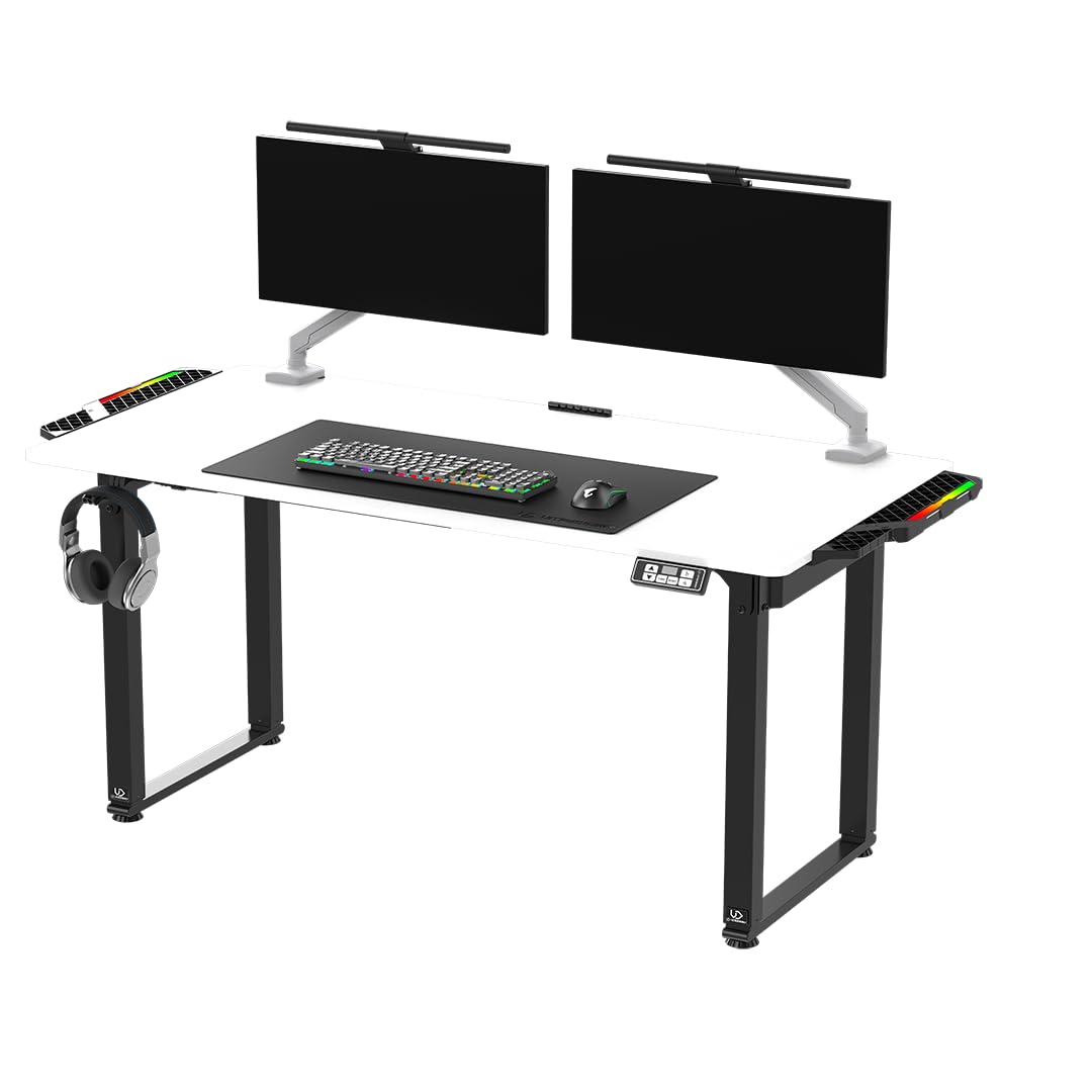 ULTRADESK Uplift V2 Computertisch Gaming Tisch Schreibtisch, Stahlkonstruktion, Platz für DREI Monitore, Elektrische Höheneinstellung, mit RGB-LED, Inklusive Zubehör, 176 x 75 cm, Weiß