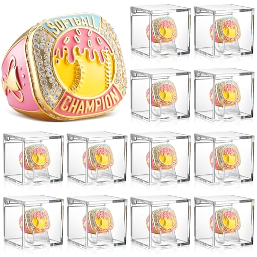 Landical 12 Set Championship Ring with Display Case and Stand Holder Championship Ring Box Acrylic Display Case and Holder Champion Trophy Rings for League Winner (Gold Softball Icecream Drip)