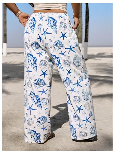 MakeMeChic Women's Plus Size Beach Starfish Seashell Print Pants Wide Leg Trousers3