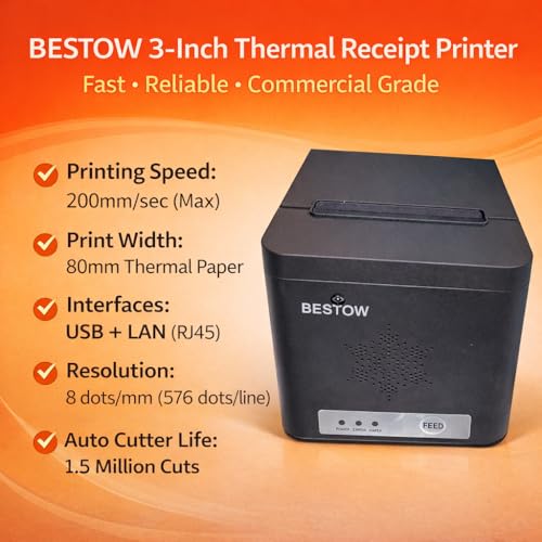 Image of Bestow TRP-E801 80 mm Thermal Receipt Printer with USB and LAN Support Auto Cutter High Speed POS Billing Printer Black