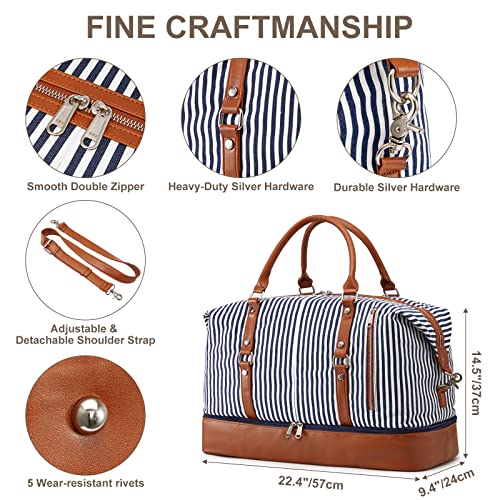 Image of S-ZONE Women Travel Duffel Weekender Carryon Shoulder Tote Bag Canvas PU Leather, B-Blue Stripe, Large, Fashion