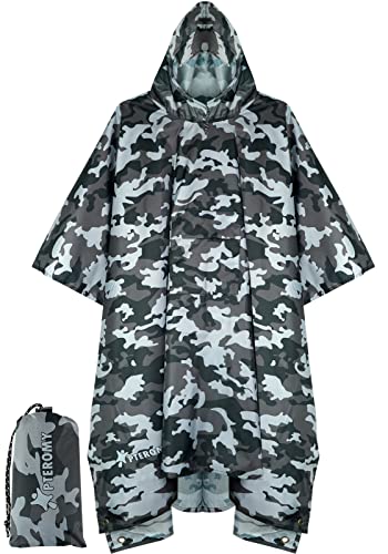 Image of PTEROMY Hooded Rain Poncho for Adult, Waterproof Lightweight Unisex Raincoat for Hiking Camping Emergency