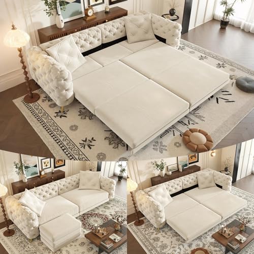 Image of KCGKCG 97.7 inch Sleeper Sofa Bed, Velvet Sectional Couches for Living Room /Bedroom, 3 in 1 Pull Out Couch Bed, Convertible Sectional Couch loveseat Sofa with Movable Ottoman, Beige