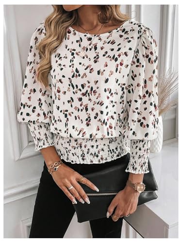 SweatyRocks Women's Lantern Long Sleeve Shirred Trim Round Neck Smocked Blouse Crop Tops4