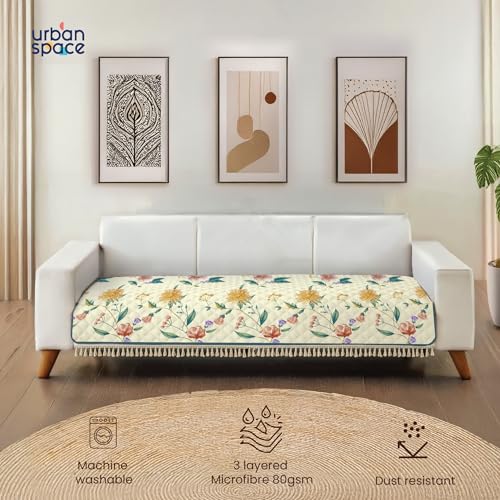 Image of Urban Space 1 Seater Microfiber Quilted Sofa Cover mat with Tassels, Non-Slip Sofa Protector, Easy Care & Machine Washable Cover, Sofa Seat Runner for Couch for Living Space (1 Seater - Petal pop)