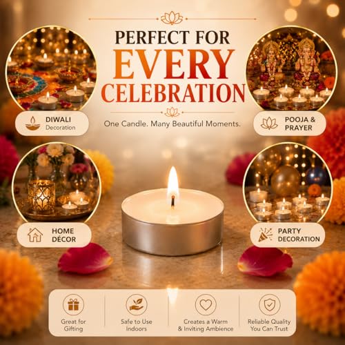 Image of Bindian Candle Tealight Candles, 100% Paraffin Wax Candles for Decoration, Smokeless Tea Light Candle 50 pcs for Home Decor, Diwali Decoration, Wax Candles 1-1.5 Hour Burn Time (Pack of 50 White)