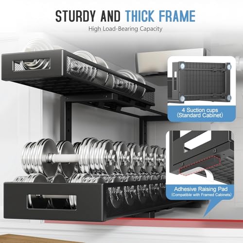 Image of 2 Pack 20.47IN Depth Under Sink Storage Organizer, Large 2-Tier Elegant Mesh Pull Out Shelf for Kitchen and Bathroom Cabinet Organization, L-Shaped and Adjustable Height Design-Black