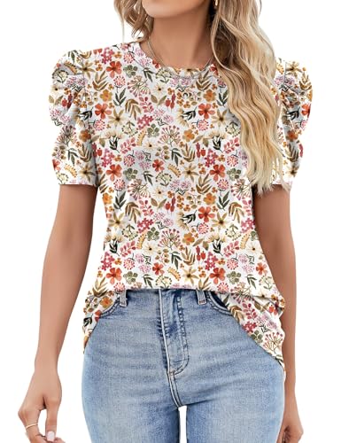 Ivicoer Summer Tops for Women 2025 Trendy Puff Sleeve Shirt Dressy Casual Spring Tops for Women 2025 Work Crew Neck Tee XL