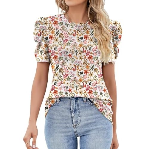 Ivicoer Puff Short Sleeve Shirt for Women Eyelet Tops Summer Crewneck Blouse Loose Fit S-XXL