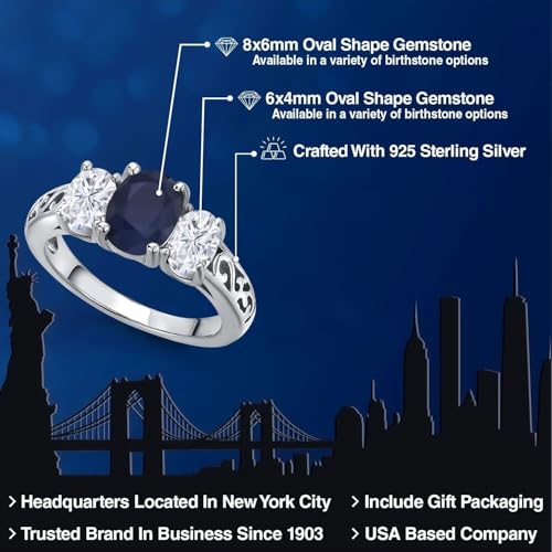 Gem Stone King 2.80 Cttw Blue Sapphire and White Moissanite 3-Stone Ring In 925 Sterling Silver | Oval 8X6MM and 6X4MM | 3 Stone Wedding Anniversary Promise Ring For Women | Available in Size 5-92