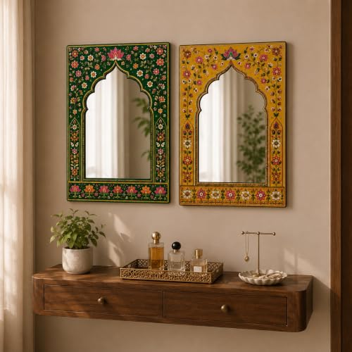 Image of American Elm Pack of 2 Jharokha Mirror Wall Decor for Home Decor Living Room Indian Floral Arch Acrylic Mirror Wall Hanging