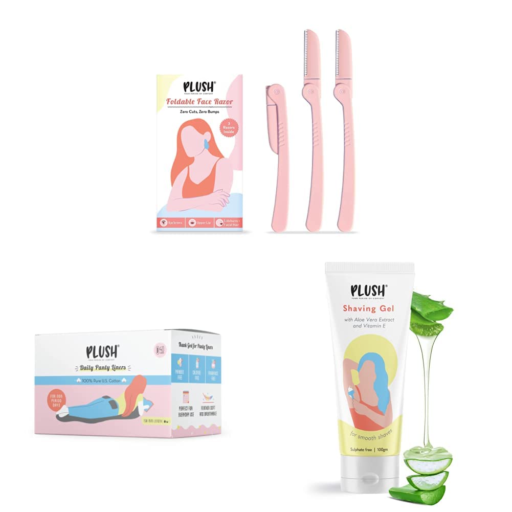 PLUSH Foldable & Reusable Face & 100% Pure US Cotton Daily Natural Ultra Thin Panty Liners for Women & Paraben Free Regular & All Natural Shaving Gel for Women with Aloe Vera