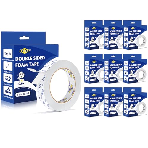 10 Pack Double Sided Tape Heavy Duty White PE Foam Tape, 1 in X 16.5 Ft Mounting Tape Removable Strips Strong Weatherproof Adhesive Tape for Hanging Picture Poster, Carpets, Paint Wall No