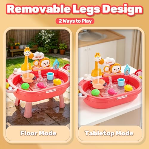 Image of HOLYFUN Play Kitchen Sink with Running Water, Water Table Toy, Sink Toy with Functional Faucet, Play Food, Pots & Pans Kitchen Accessories, Realistic Pretend Play Gift Set for Toddlers and Kids (Pink)