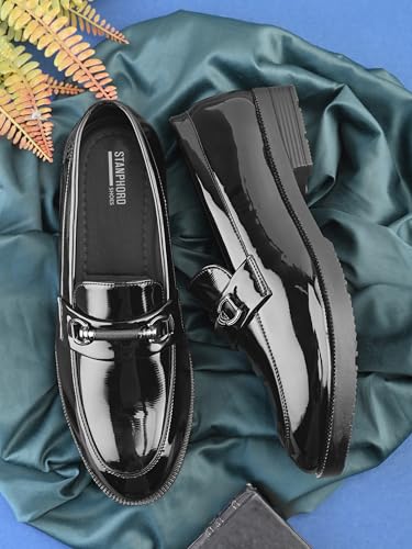 Image of STANPHORD Mens Loafers Men Brown Solid Leatherette petant Formal Office wear Wedding Slip on Moccasins Horsebit Loafers Shoes