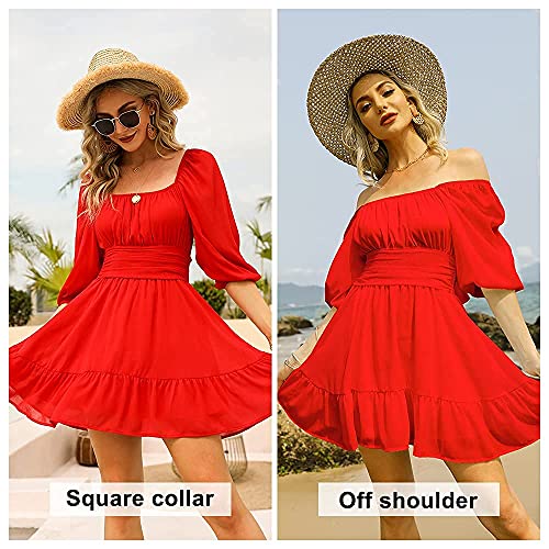 Image of EXLURA Women's Lantern Sleeve Tie Back Summer Dress Ruffled Off Shoulder A-Line Vintage Mini Dress