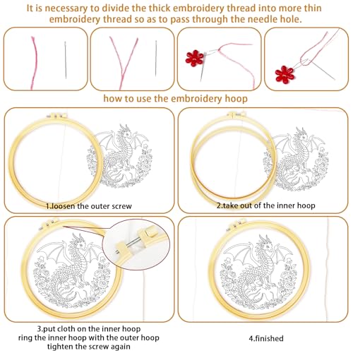 Image of BEUNITONE 6 Set Embroidery Kits for Beginners with Dragon Pre-Print Pattern | 7.9x7.9 inch DIY Craft Kits for Adults Include Embroidery Hoops and Instructions, Needlepoint Kits for Craft Lover and Home Decor