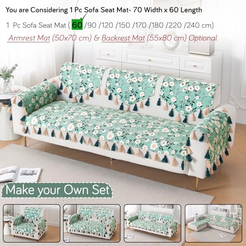 Image of HOKIPO Printed Holland Velvet Sofa Cover with Tassel for 1 /2 /3 Seater & L Shape Sofa | Make Your Own Set, 'Whispers of Nature' Sofa Mat, 70(W) x 60(L) cm, Sage Floral Vine (IN-1117-D8)