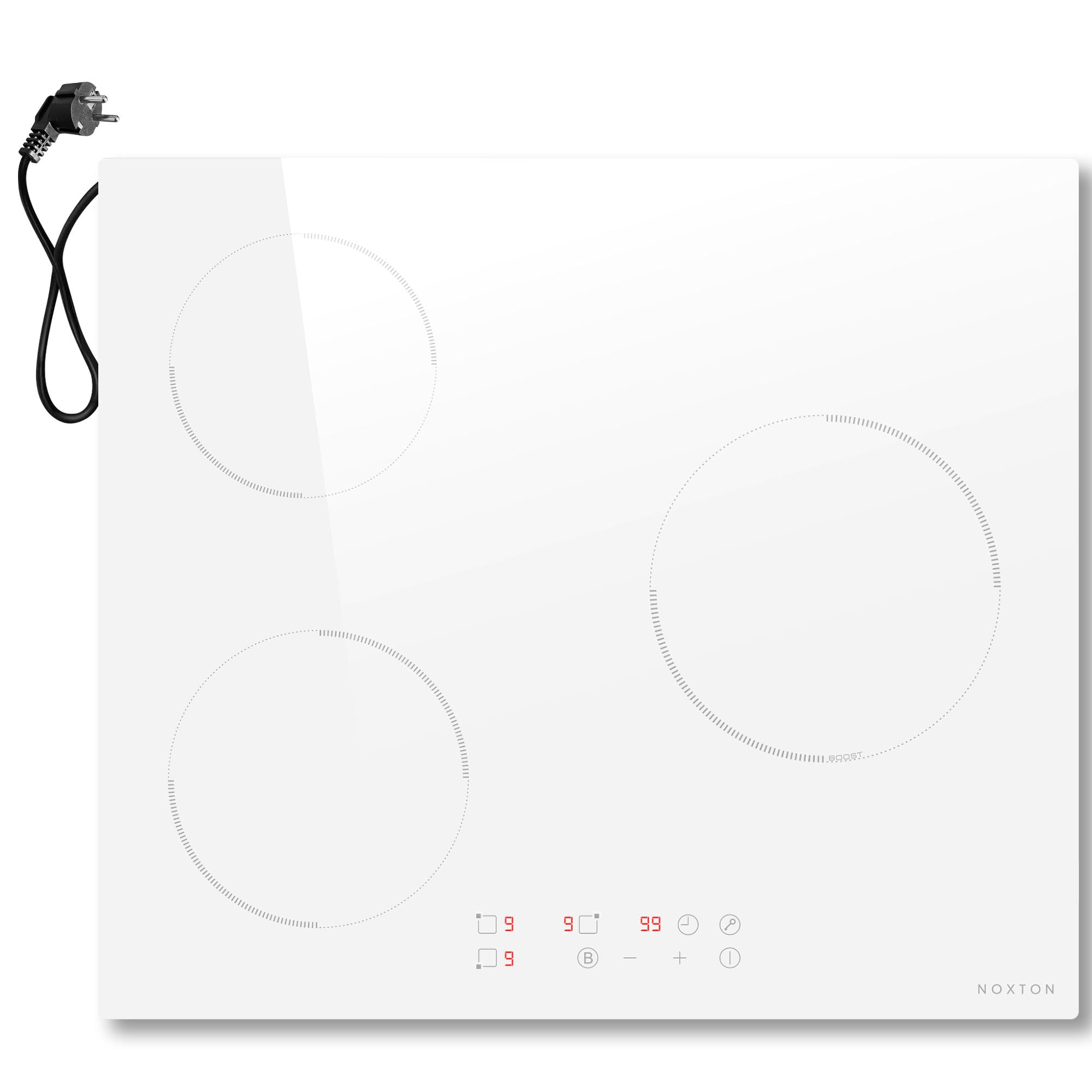 Noxton Piano Cottura Induzione 3 Fuochi, Piastra ad Elettrico 60cm Toccre Controll con Spina, 3500W Piastra Induzione di Timer, 9 Livello di Potenza, Spegnimento Automatico, Indicazione Calore, Bianco