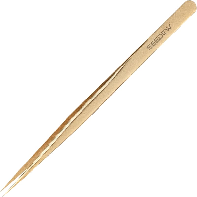Pinça reta pontiaguda Seedew T01 para extensão de cílios em aço inoxidável dourado, 1 unidade