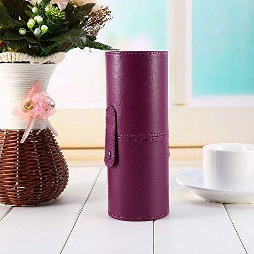 Makeup Brush Holder - Portable Empty Travel Makeup Brushes Round Pen Holder PU Leather Cosmetic Case (Purple) - Image 2