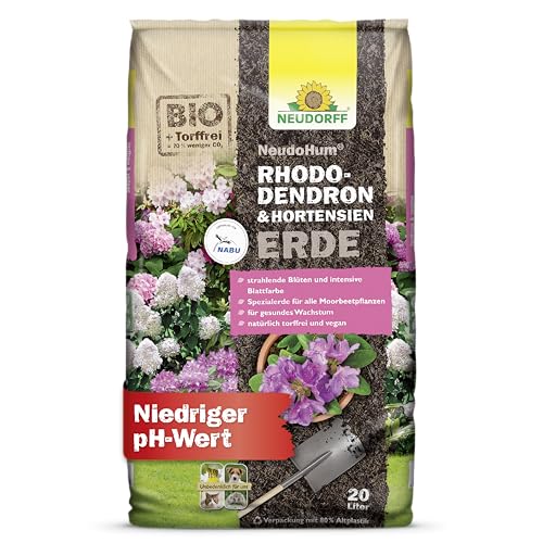 Neudorff NeudoHum RhododendronErde 20L Erde Torffreie für Hortensien - Bio HortensienErde - für prächtige Rhododendron in Topf und Kübel - auch für Moorbeetpflanzen geeignet