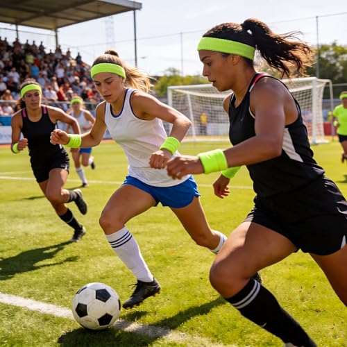 Image of Bememo 6 Pcs Neon Sports Sweatbands Set Sports Competitions Sweatbands 2 Headband 4 Wristbands Breathable Terry Cloth Athletic Bands for Team Soccer Spirit 80s Costumes Cosplay