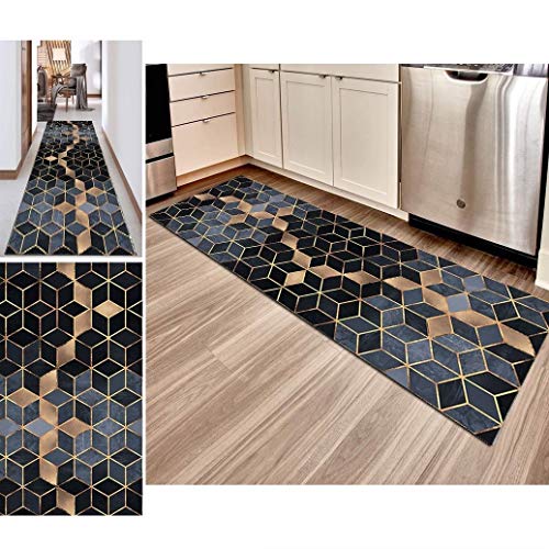 Hciszl Teppich Flur Läufer Schwarz 40x250cm küchematte Korridor Kurzflor Brücke Modern rutschfest Waschbar Nach Maß Geometrisch Gitter Muster Bettumrandung Eingangsmatte Cover