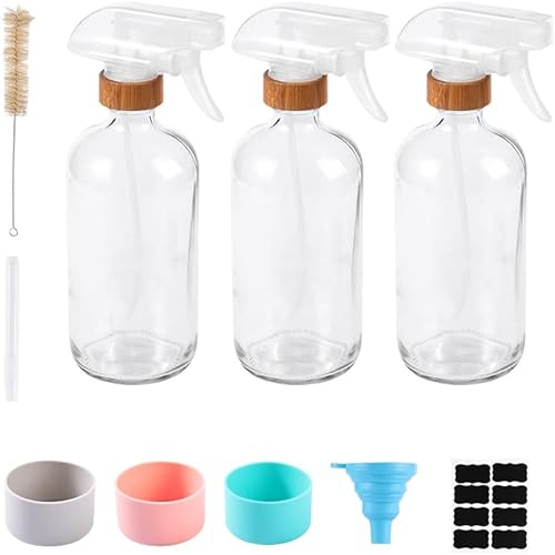 Miniatura 2 de Paquete de 3 botellas de spray de vidrio de bambú recargables, botellas de spray para soluciones de limpieza, juegos de botellas de vidrio protector