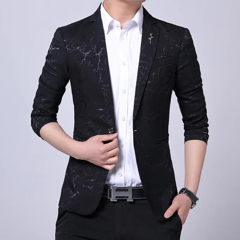 Men's Korean Style Printed Suit Jacket Loose Casual Blazer for Men-Deep Blue014