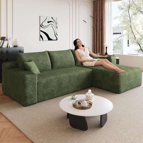 Image of 95 inch Modular Sectional Sofa, Modern Corduroy Cloud Couch with Side Pockets, Boneless Couch Upholstered 3-Seater L-Shaped Sofa for Living Room, No Assembly Required (Green,Right-Facing Chaise)