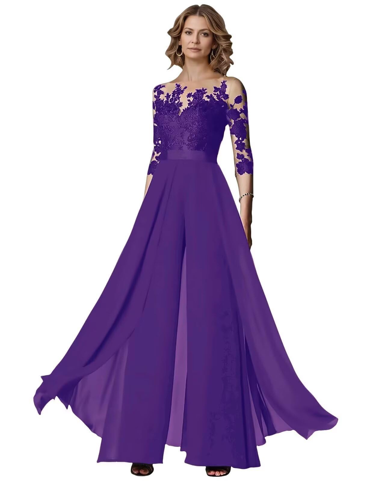 2 Pieces Mother of The Bride Pant Suits with 3 4 Sleeves Lace Appliques Pant Suits for Women