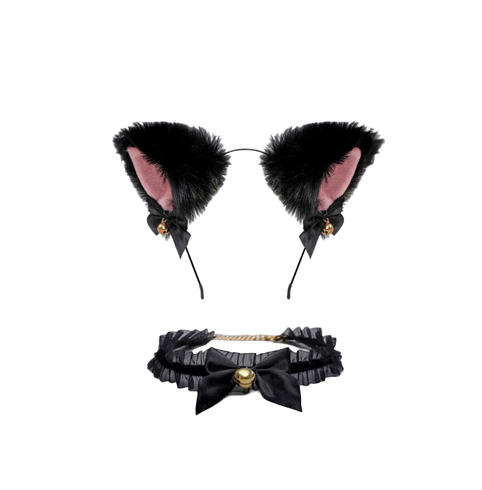 Qyjhska Diadema de Oreja de Gato + Gargantilla de Encaje con Campana, Accesorios de Disfraces de Cosplay para Niña Mujer Disfraces Fiesta Halloween Cumpleaños