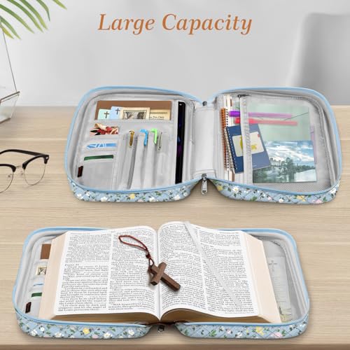 Image of FINPAC Bible Cover, Carrying Book Case Church Bag Bible Protective with Handle and Zippered Pocket, Gift for Men Women Mother Lady, Floral Dusty Blue, 11 inch x 8 inch x 2.3 inch inches