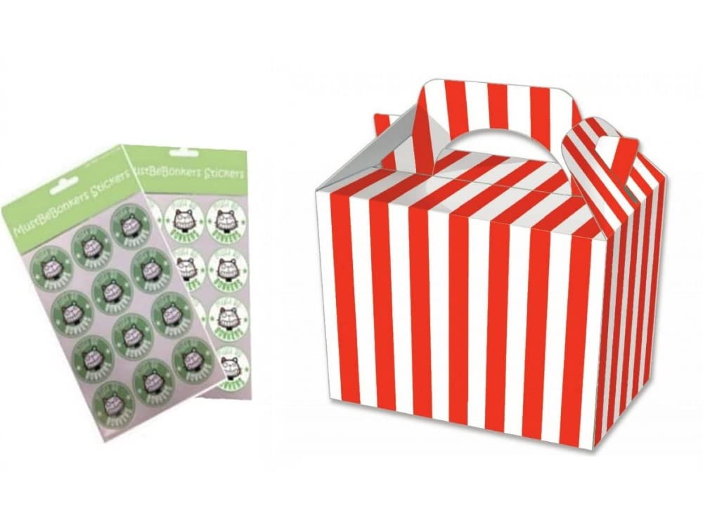 Red Candy Stripe Birthday Party Food Boxes - Childrens Birthday Party Picnic Loot Bag Plate Box and MustBeBonkers® Sticker Seals (50 Boxes)