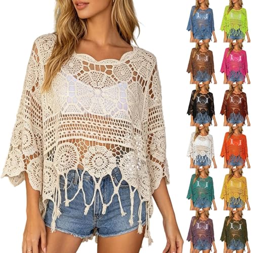 crochet tops for womenboho tops for womenwomens plain fringe trim cut out sheer cover up boho scallop trim 3/4 sleeve round neck cover up f fringe top dress swimsuit sheer crochet coverups