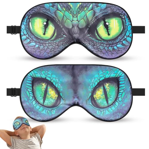 2 Pcs Sleep Mask for Kids Boys Silk Eye Covers for Sleeping Adjustable Strap & Light Blocking Design Adult Childrens Bedtime Blindfold for Travel and Home Use (Green Dinosaur Eyes)